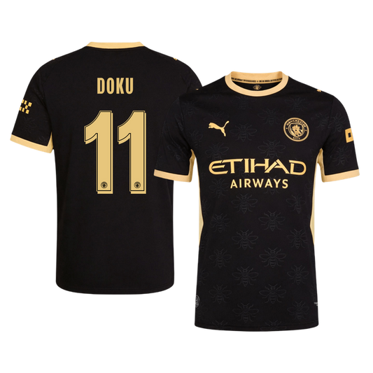 Versão do Jogador DOKU #11 Manchester City Fora Futebol Camisas 2026/27 Preto - UCL