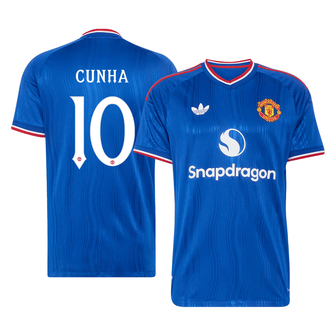 Versão do Jogador CUNHA #10 Manchester United Fora Futebol Camisas 2026/27 Azul - UCL