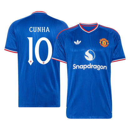 Versão do Jogador CUNHA #10 Manchester United Fora Futebol Camisas 2026/27 Azul - UCL