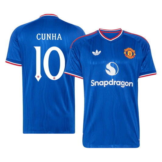 Versão do Jogador CUNHA #10 Manchester United Fora Futebol Camisas 2026/27 Azul - UCL