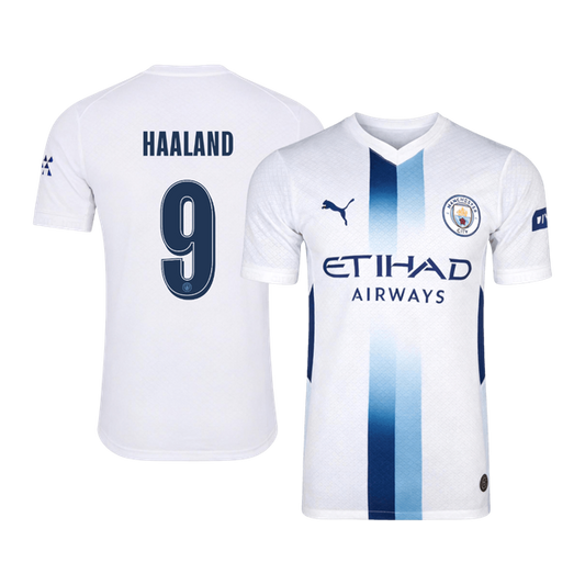 Versão do Jogador HAALAND #9 Manchester City Terceira Futebol Camisas 2026/27 Branco - UCL