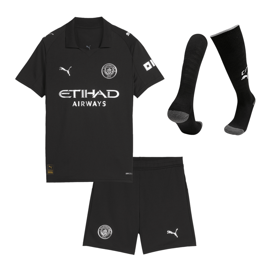Manchester City Infantil 
 Fora Futebol Camisa Conjunto (Camisa+Shorts+Meias) 2025/26 Preto