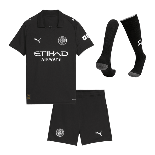 Manchester City Infantil 
 Fora Futebol Camisa Conjunto (Camisa+Shorts+Meias) 2025/26 Preto
