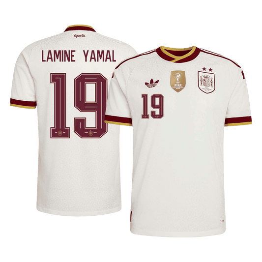 Versão do Jogador LAMINE YAMAL #19 Spain Fora Copa do Mundo Futebol Camisas 2026 Branco