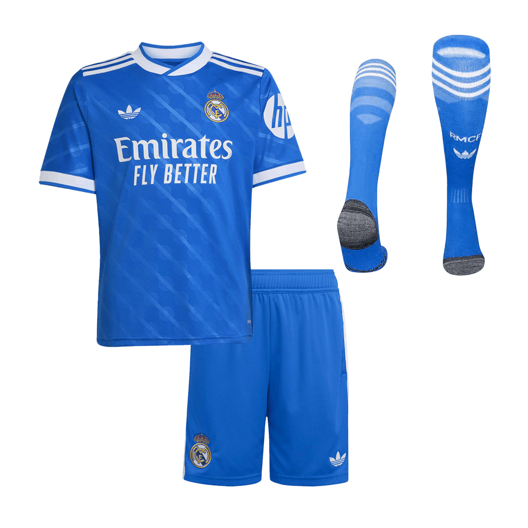 Real Madrid Infantil 
 Fora Terceira Futebol Camisa Conjunto (Camisa+Shorts+Meias) 2025/26 Azul