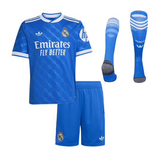 Real Madrid Infantil 
 Fora Terceira Futebol Camisa Conjunto (Camisa+Shorts+Meias) 2025/26 Azul