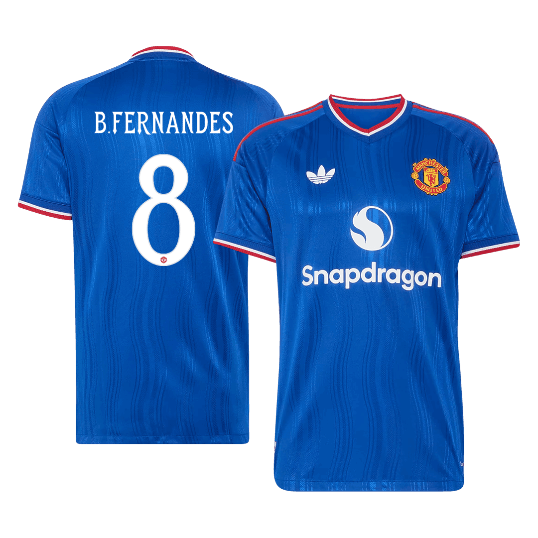 Versão do Jogador B. FERNANDES #8 Manchester United Fora Futebol Camisas 2026/27 Azul - UCL