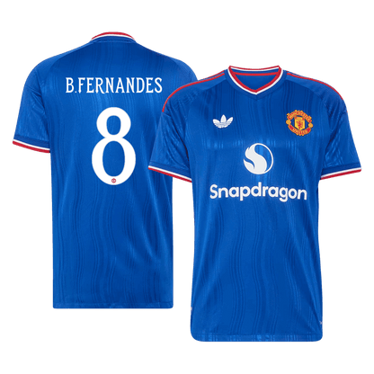 Versão do Jogador B. FERNANDES #8 Manchester United Fora Futebol Camisas 2026/27 Azul - UCL
