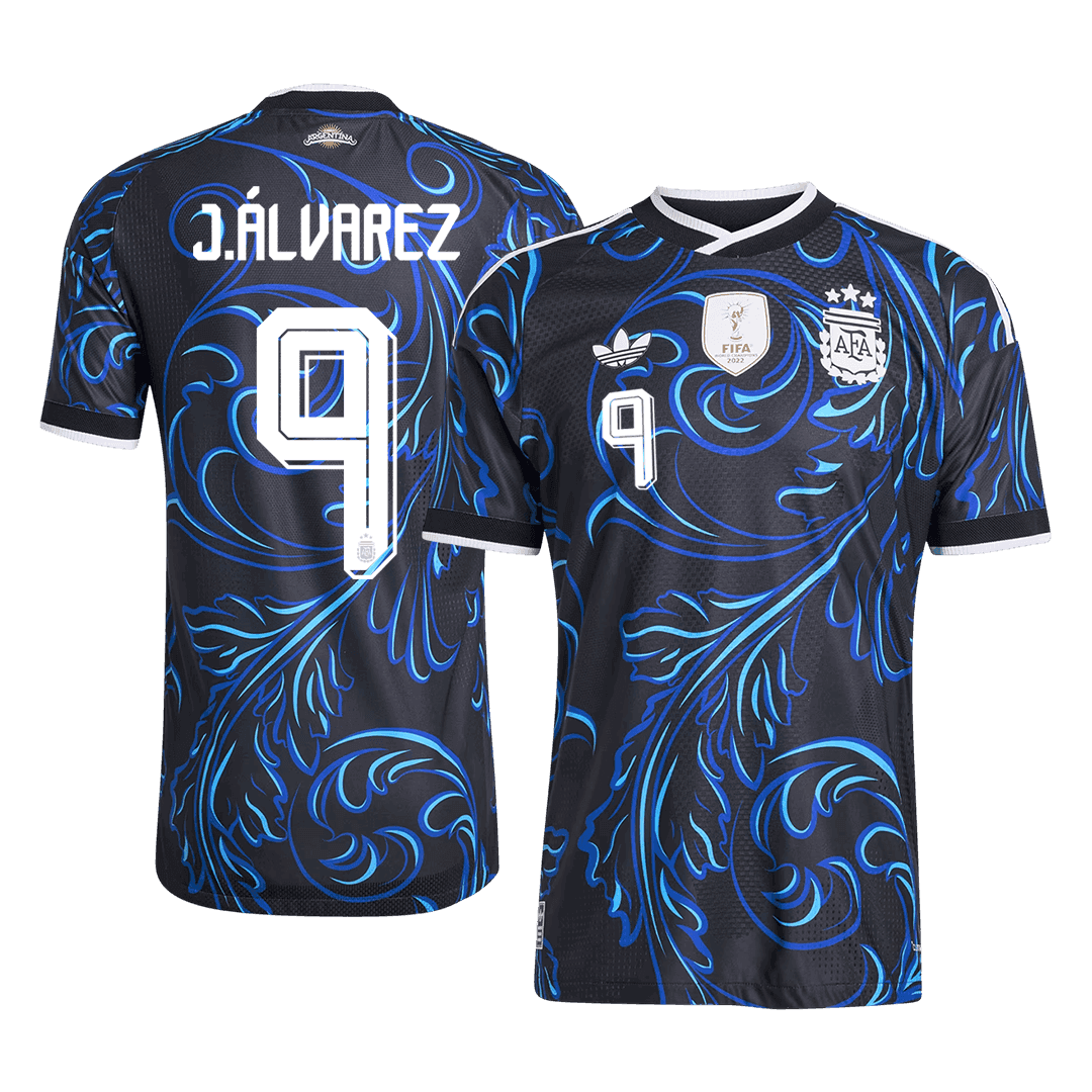 Versão do Jogador J. ÁLVAREZ #9 Argentina Fora Copa do Mundo Futebol Camisas 2026 Preto
