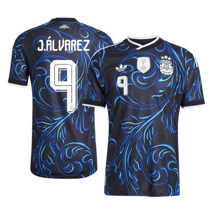Versão do Jogador J. ÁLVAREZ #9 Argentina Fora Copa do Mundo Futebol Camisas 2026 Preto