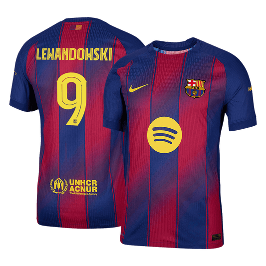 LEWANDOWSKI #9 Camisa Autêntica do Barcelona Casa 2025/26 Vermelha e Azul - UCL
