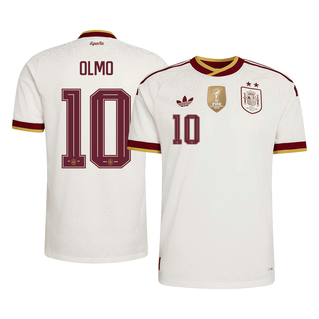 Versão do Jogador OLMO #10 Spain Fora Copa do Mundo Futebol Camisas 2026 Branco