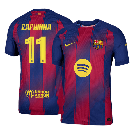 RAPHINHA #11 Camisa Autêntica do Barcelona Casa 2025/26 Vermelha e Azul - UCL