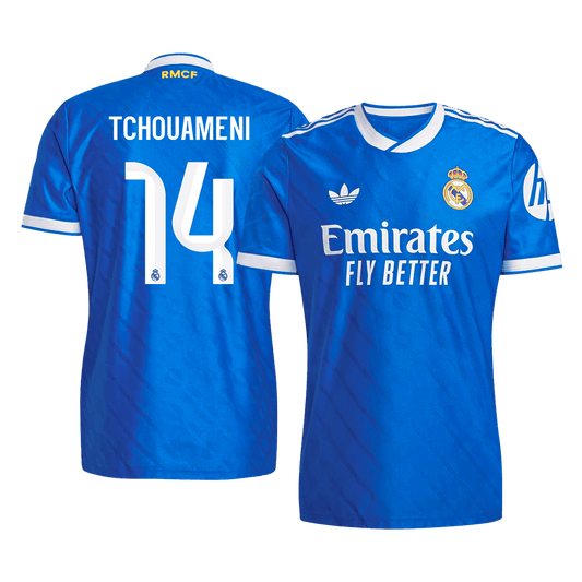 Jogador TCHOUAMENI #14 Real Madrid Fora Terceira Futebol Camisas 2025/26 Azul