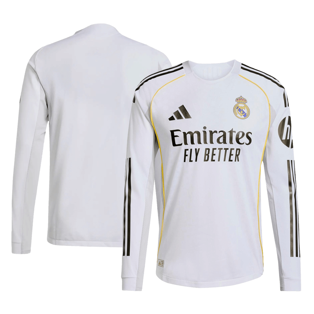 Real Madrid Casa Manga Longa Futebol Camisas 2025/26 Branco