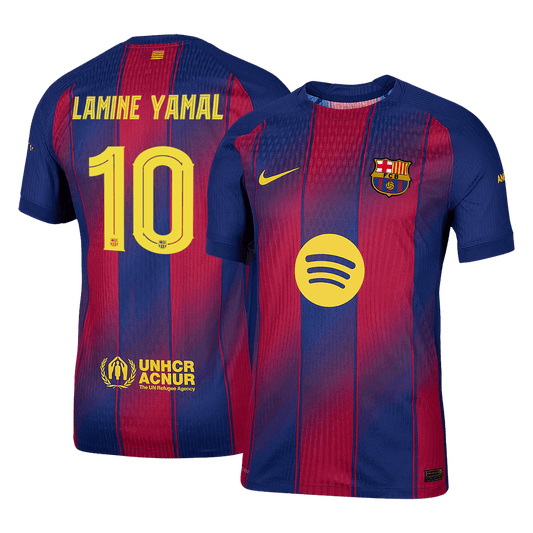 LAMINE YAMAL #10 Camisa Autêntica do Barcelona Casa 2025/26 Vermelha e Azul - UCL